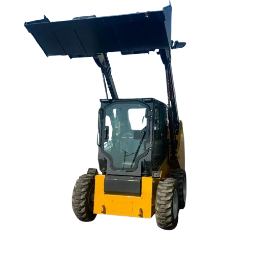 Wheeled skid steer loader with bucket raised