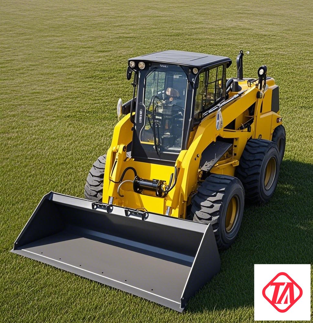 Skid steer loader working on grassland